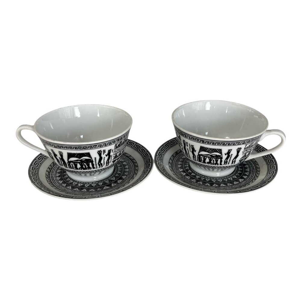 Vintage Robbia Greece Black & White Porcelain Cups & Saucers